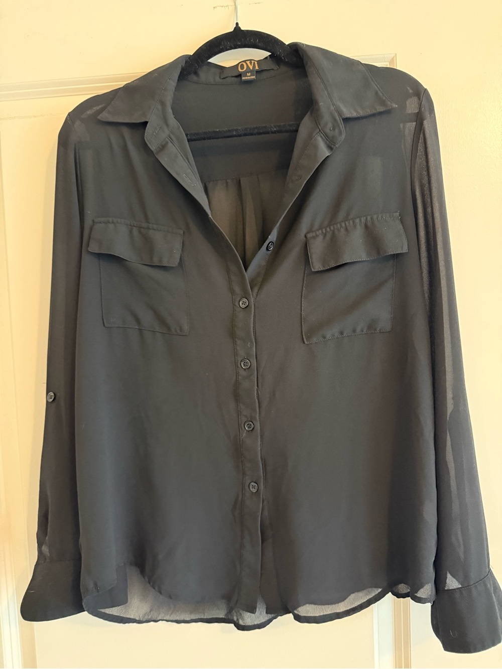 Black Semi-Sheer Button-Down Shirt